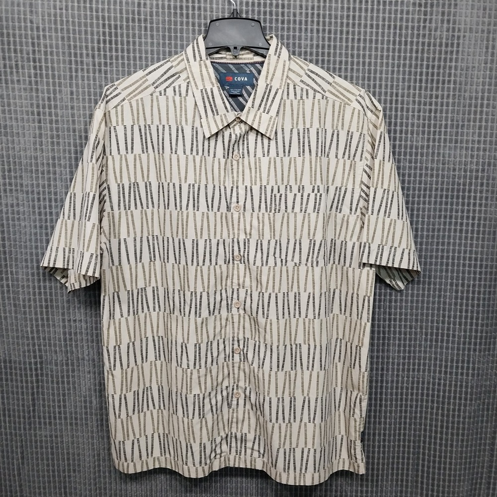 COVA Button Down Shirt Mens Abstract Geometric Tencel Blend XXL Cream Gray